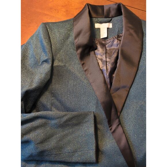 H&M Emerald Green Holiday Jacket Sz 6 Long Single Breasted Sparkle Satin Lapel - Picture 5 of 8